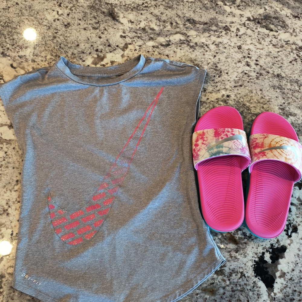 Gray Nike T-Shirt and Pink Tye Die Slides